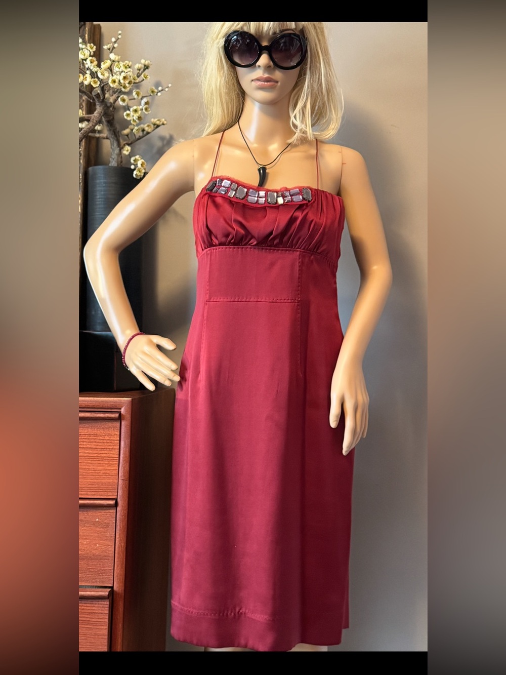 Boss Raspberry Silk Spaghetti Strap Cocktail Dress - Picture 3 of 12